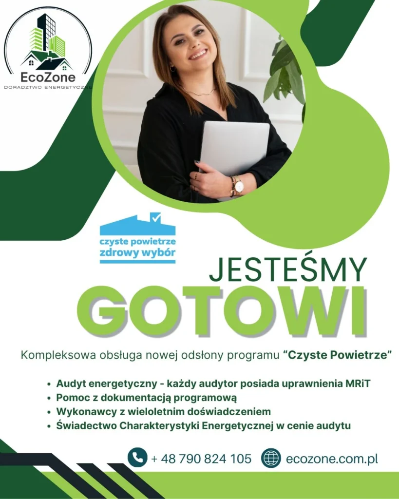 Ulotka EcoZone Toruń – audyty energetyczne, świadectwa charakterystyki energetycznej i pomoc w programie Czyste Powietrze w woj. kujawsko-pomorskim.